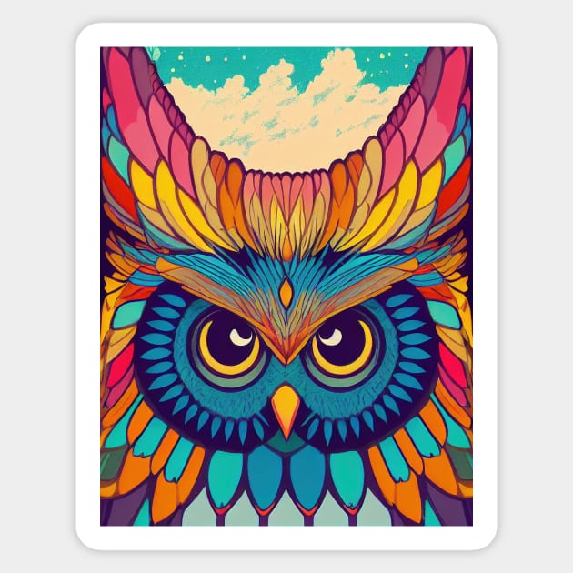 Colorful Owl Portrait Illustration - Bright Vibrant Colors Bohemian Style Feathers Psychedelic Bird Animal Rainbow Colored Art Sticker by JensenArtCo